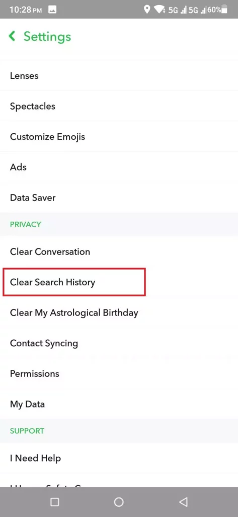 Snapchat Clear Search History
