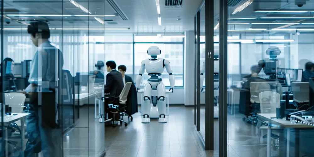 A futuristic office setting with a robot employee visualizes what AI integration is for automated business workflows