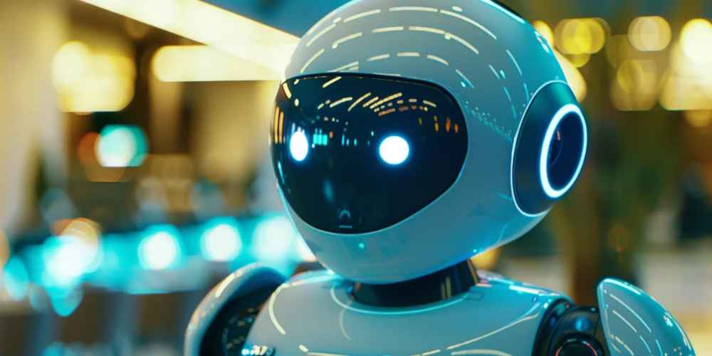 A robot stands in a brightly lit lobby, symbolizing advancements in customer support and retention strategies