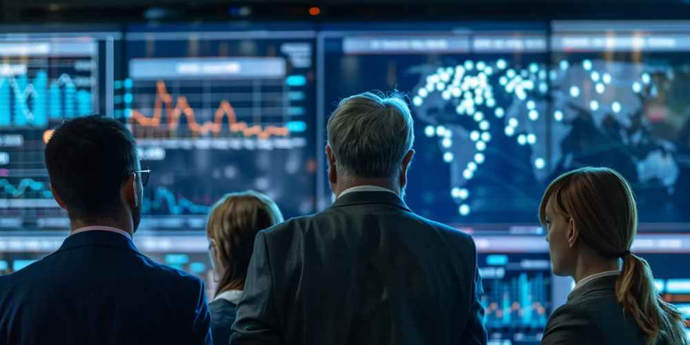 Business professionals analyze global data dashboards, representing what is ai integration for insightful decision-making